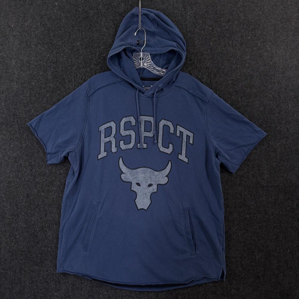 Under Armour Project Rock Hoodie Men's XL Blue Short Sleeve RSPCT Bull Logo